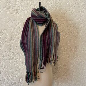 William Brunton Hand Knit Colorful Striped Scarf 100% Wool, Purple Fringe 90s